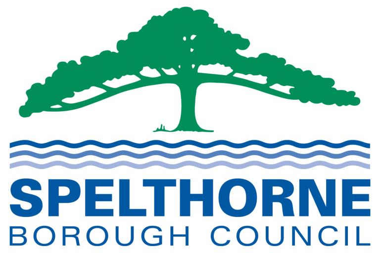 a green tree atop a blue river over the words spelthorne borough council